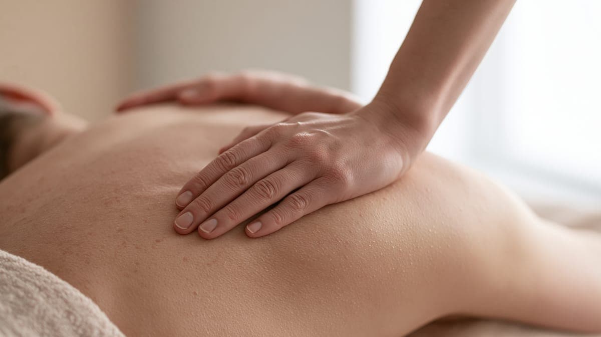 Deep tissue massage for men in Cuenca, Ecuador — elbow and forearm pressure on the back