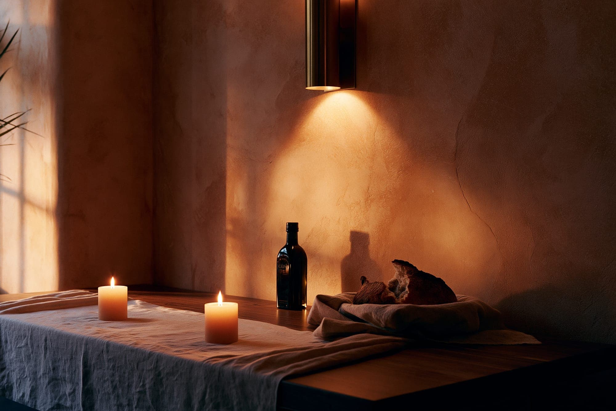 Warmly lit private massage room in Cuenca, Ecuador, prepared with candles and fresh linens